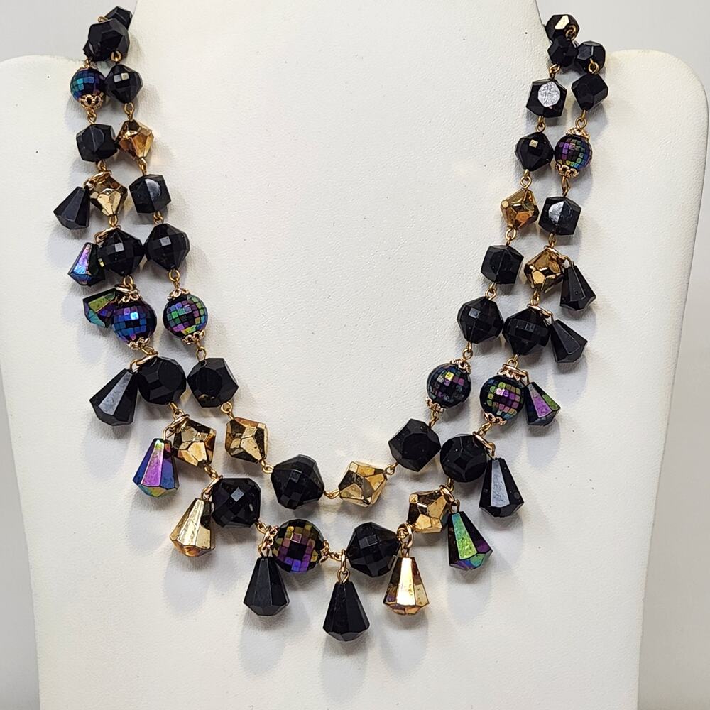 Black Iridescent Plastic Beaded Two Strand Necklace Vintage Signed Germany Hook